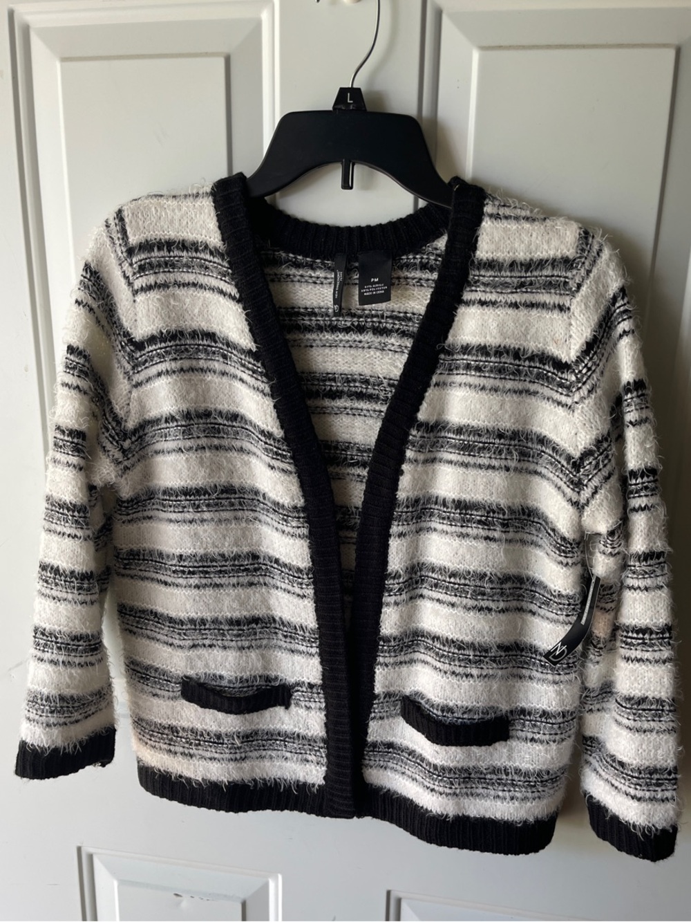 New Directions Black and White Striped Open Cardigan NWT